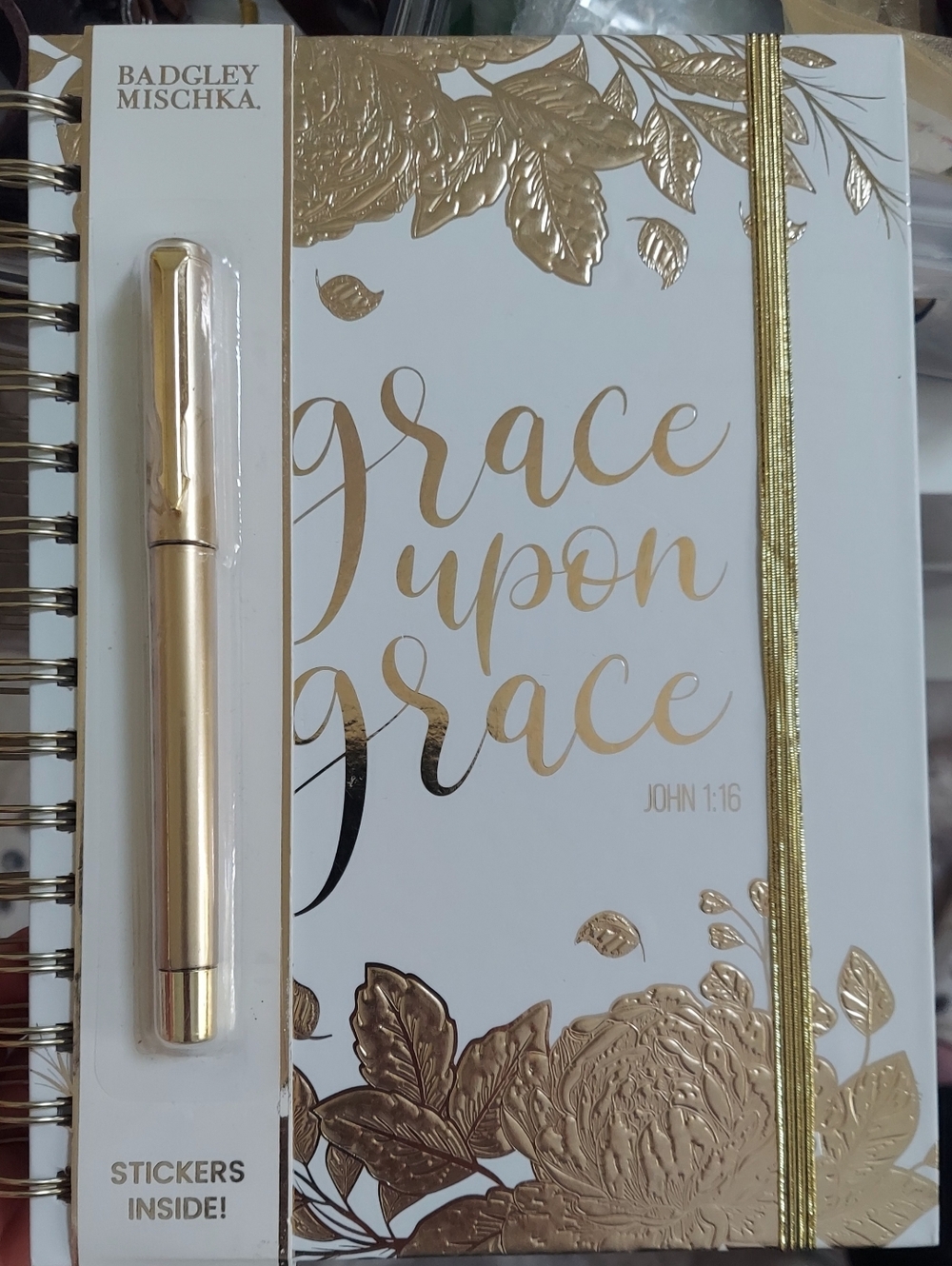 Badgley Mischka 'Grace Upon Grace' Spiral Journal with Gold Pen & Stickers